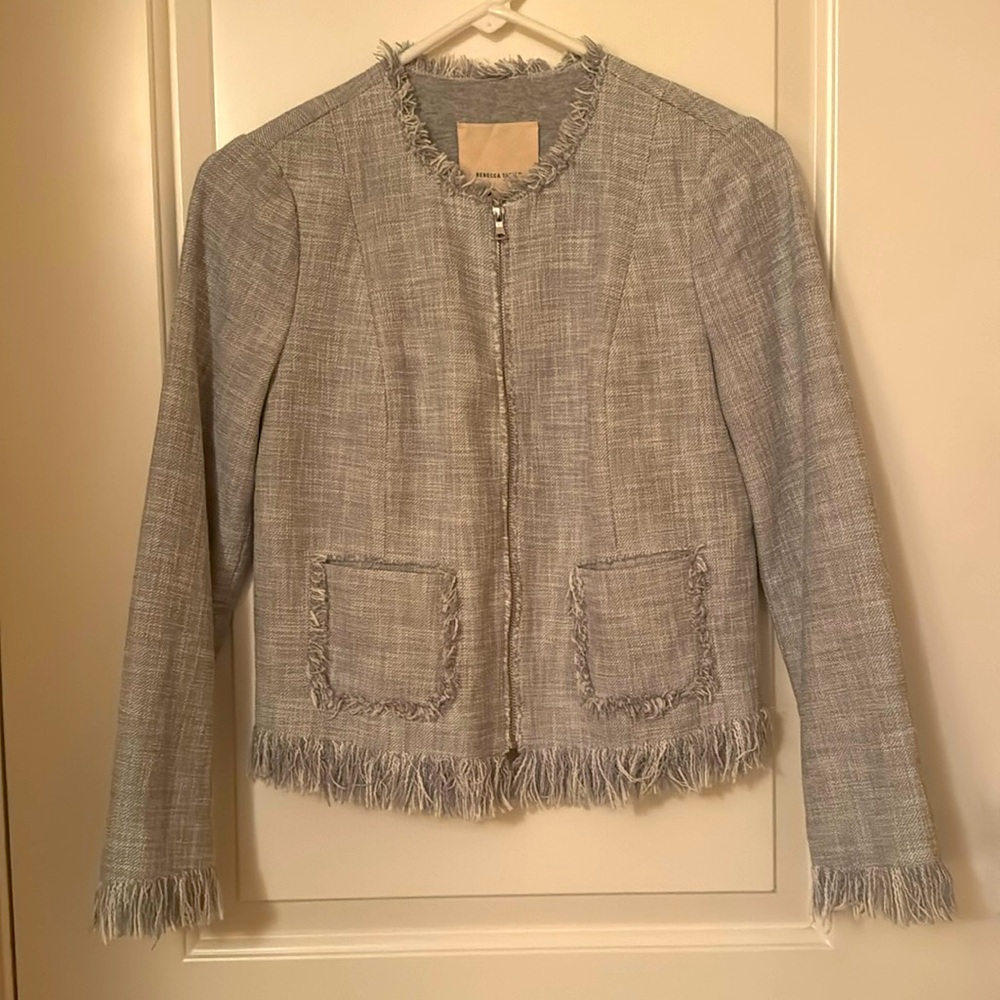 Rebecca Taylor Light Gray Tweed Fringe Zip Jacket